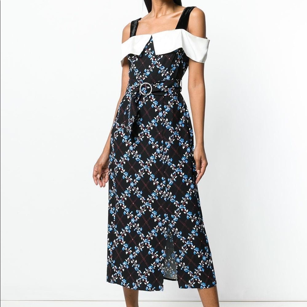 RIXO CHLOE FLORAL BLACK MIDI DRESS Size L